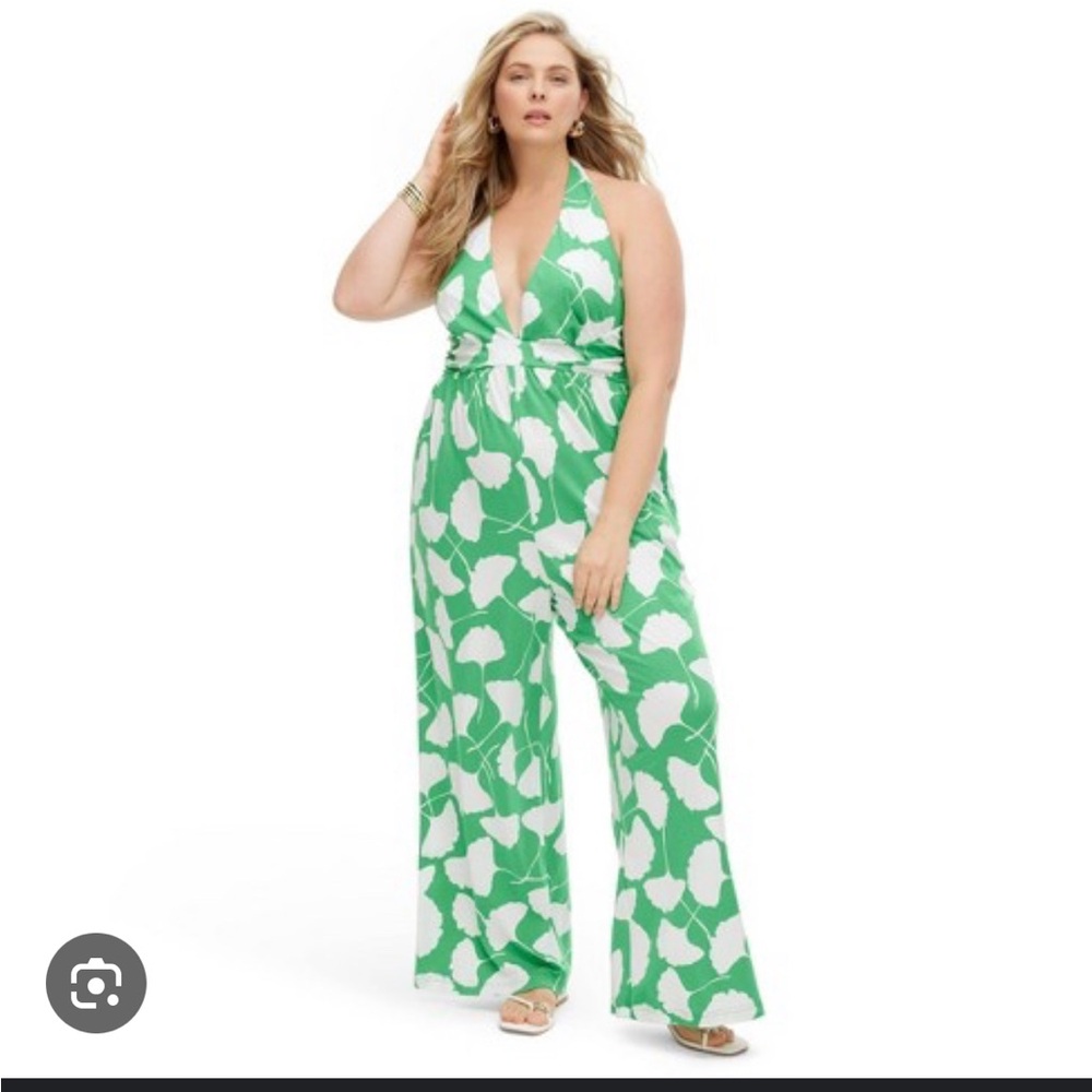 DVF Halter wide leg Jumpsuit Ginkgo Green Print NWT Diane von Furstenberg